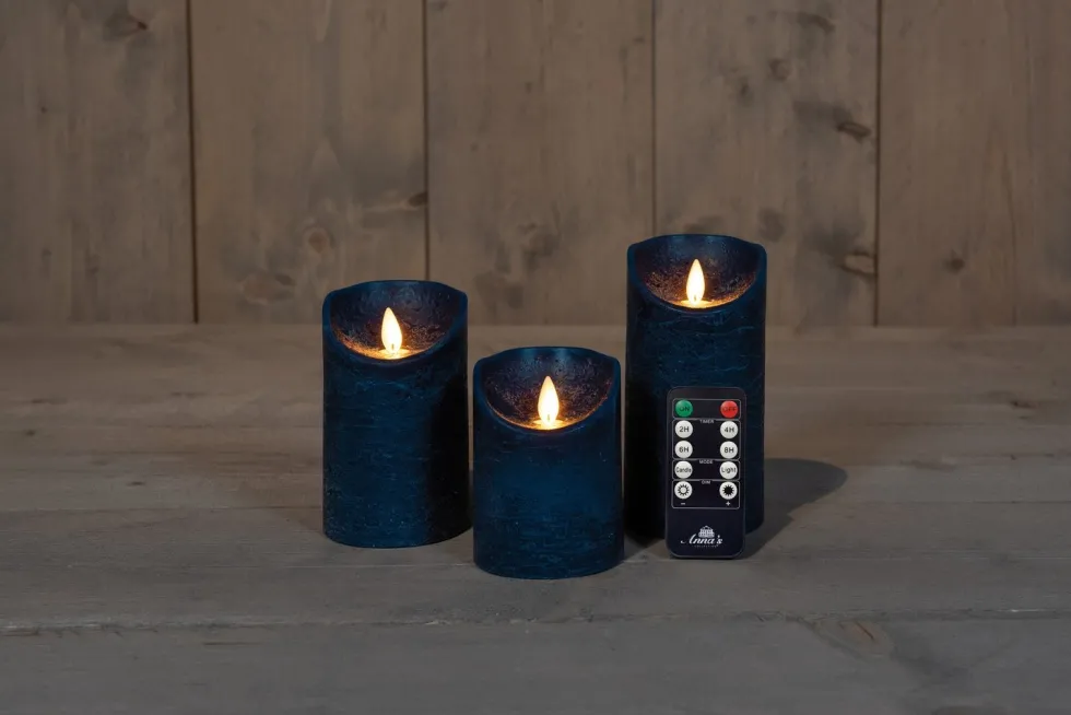 Anna's Collection LED stompkaars Rustiek donker blauw D 7,5 H 10 / 12,5 / 15 cm 3 stuks
