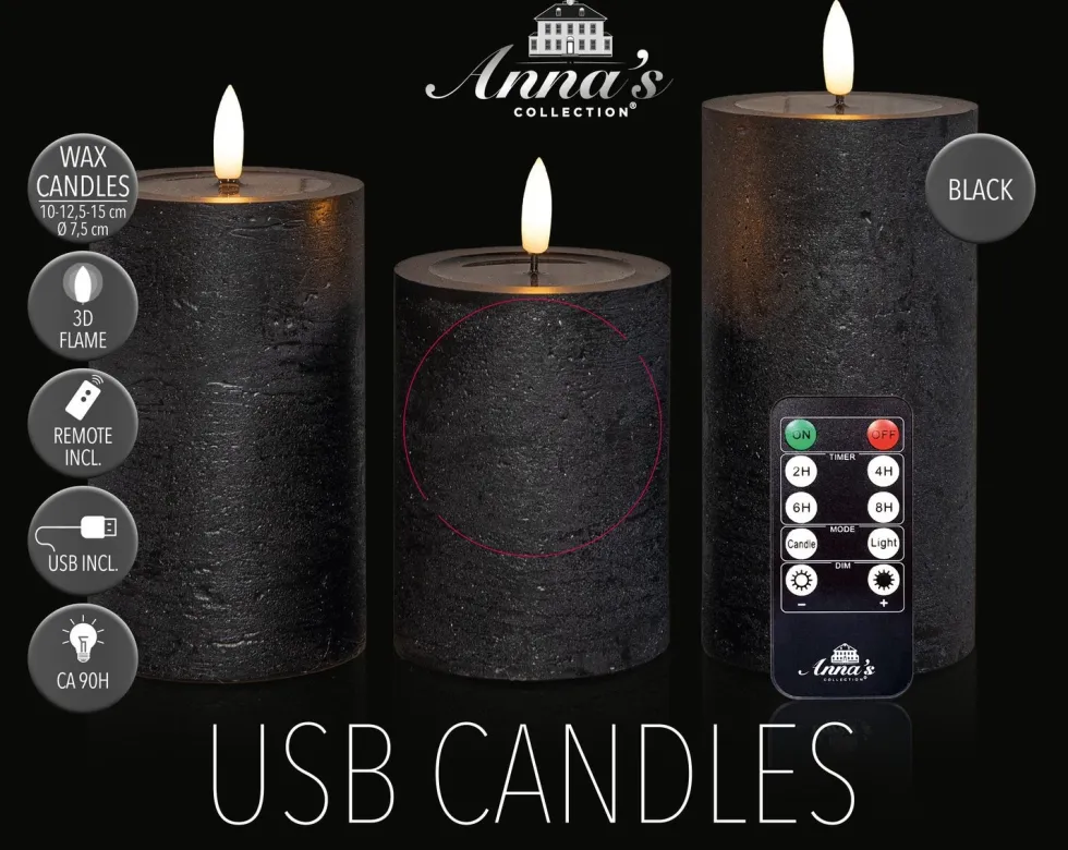 Anna's Collection LED stompkaars zwart D 8 H 15 cm 3 stuks