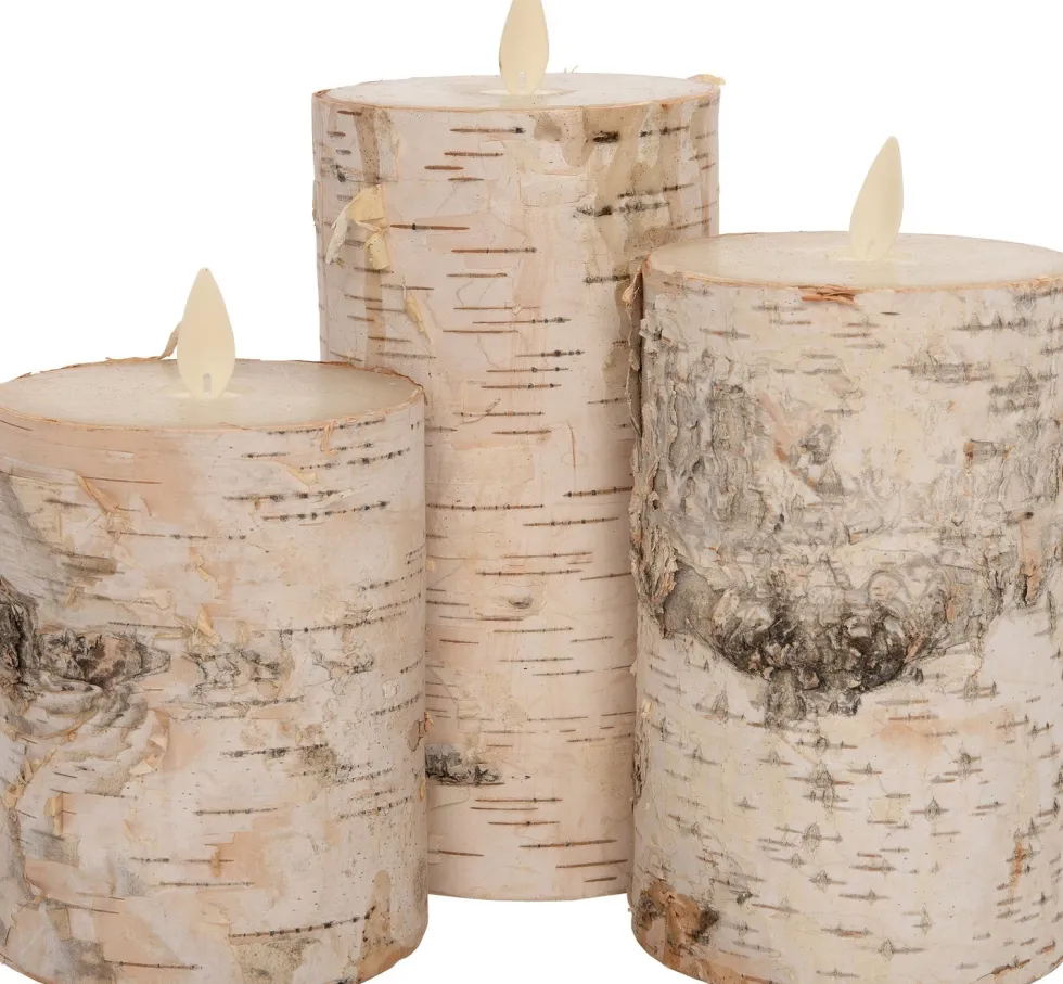 Anna's Collection LED stompkaars berkenhout structuur wit D 7,5 H 10 / 12,5 / 15 cm 3 stuks