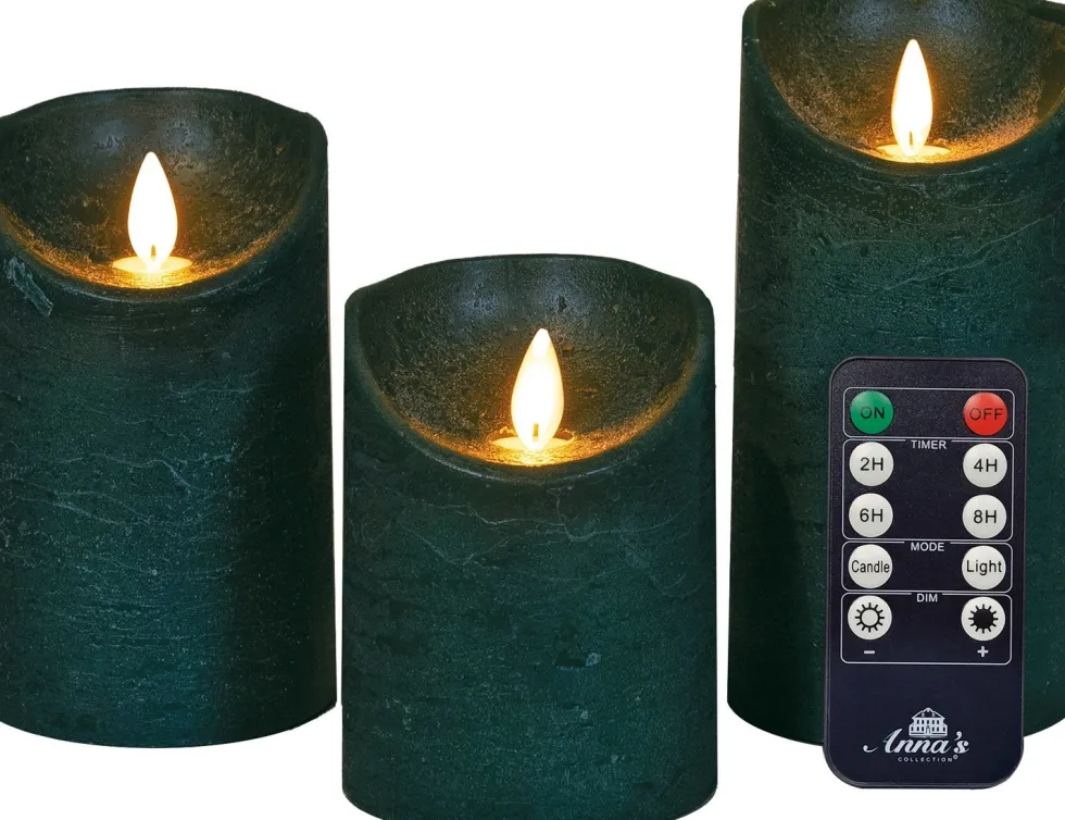 Anna's Collection LED stompkaars Rustiek groen D 7,5 H 10 / 12,5 / 15 cm 3 stuks