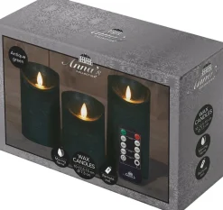Anna's Collection LED stompkaars Rustiek groen D 7,5 H 10 / 12,5 / 15 cm 3 stuks