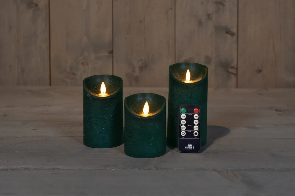 Anna's Collection LED stompkaars Rustiek groen D 7,5 H 10 / 12,5 / 15 cm 3 stuks