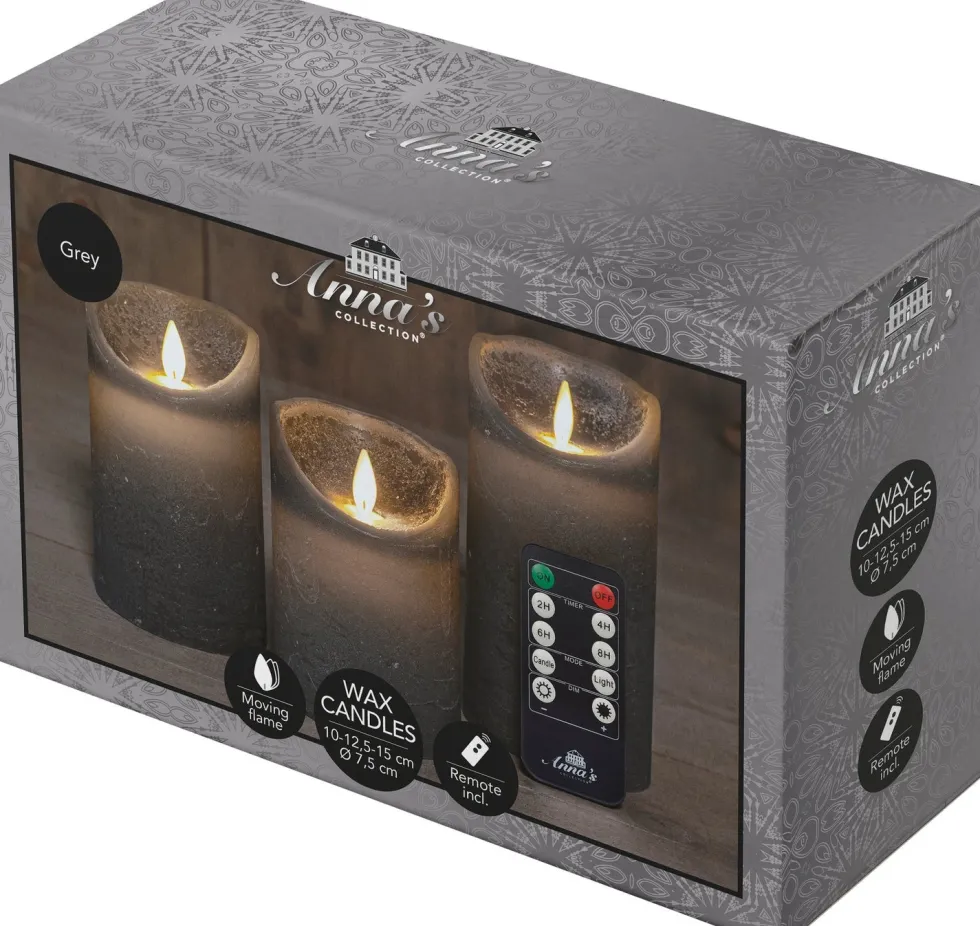 Anna's Collection led stompkaars Dinu grijs D 7,5 H 10 / 12,5 / 15 cm 3 stuks