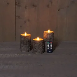 Anna's Collection LED stompkaarsberkenhout structuur bruin D 7,5 H 10 / 12,5 / 15 cm 3 stuks