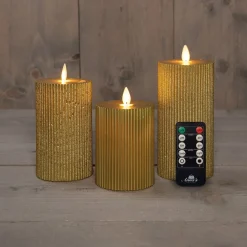 Anna's Collection LED stompkaars Rib met timer goud D 7,5 H 10 / 12,5 / 15 cm 3 stuks