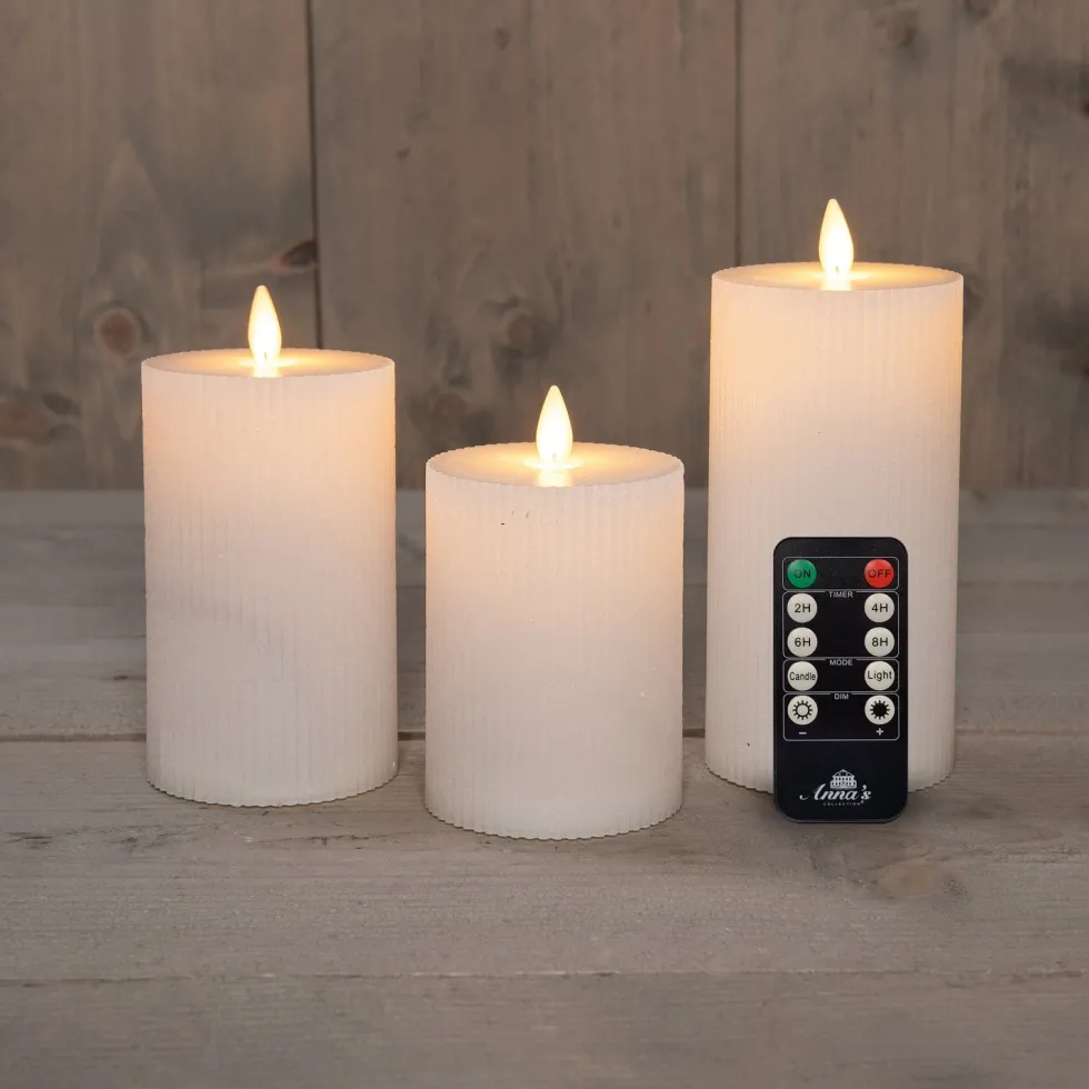 Anna's Collection LED stompkaars Rib met timer wit D 7,5 H 10 / 12,5 / 15 cm 3 stuks