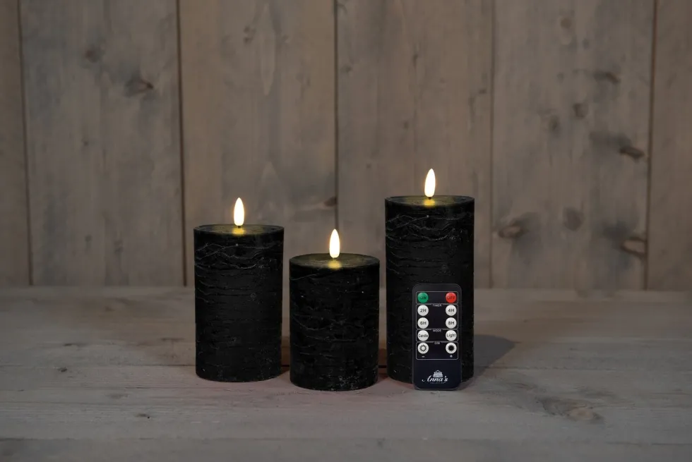 Anna's Collection LED stompkaars met afstandsbediening Rustiek zwart D 7,5 H 10 / 12, 5 / 15 cm 3 stuks