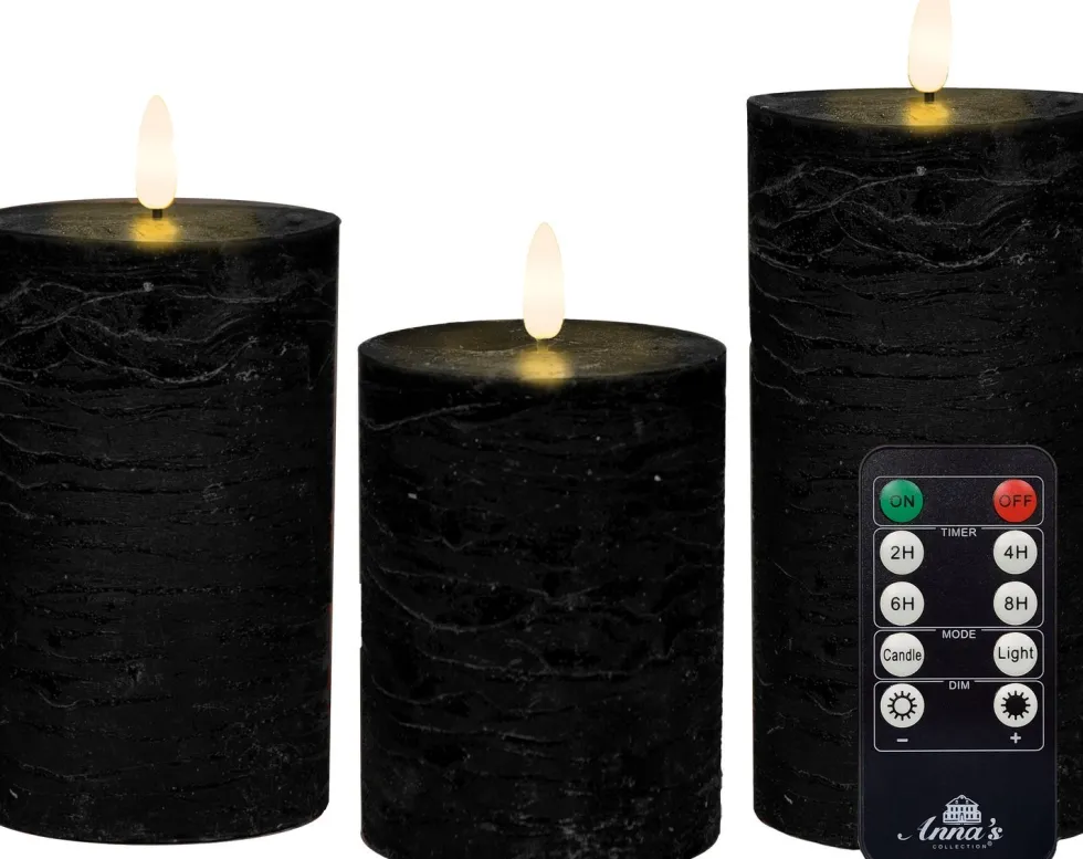 Anna's Collection LED stompkaars met afstandsbediening Rustiek zwart D 7,5 H 10 / 12, 5 / 15 cm 3 stuks
