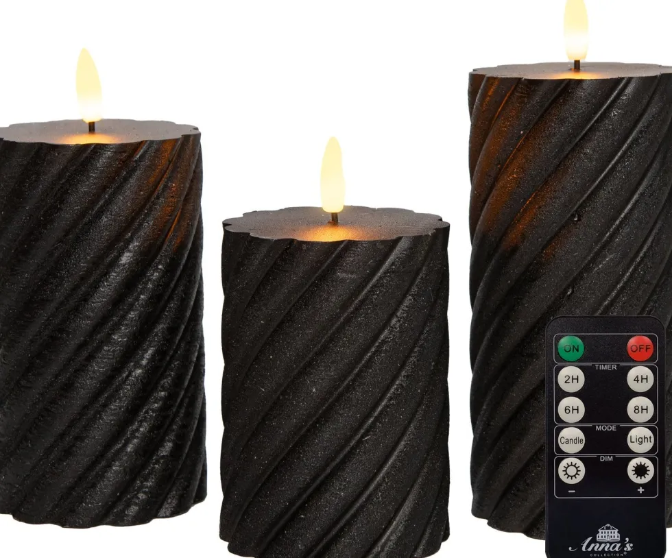 Anna's Collection LED stompkaars Swirl met timer zwart D 7,5 H 10 / 12,5 / 15 cm 3 stuks