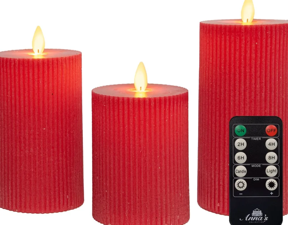 Anna's Collection LED stompkaars Rib met timer rood D 7,5 H 10 / 12,5 / 15 cm 3 stuks