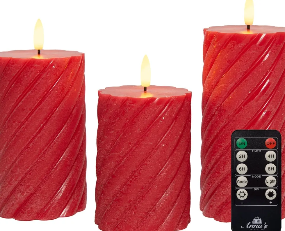 Anna's Collection LED stompkaars Swirl met timer rood D 7,5 H 10 / 12,5 / 15 cm 3 stuks