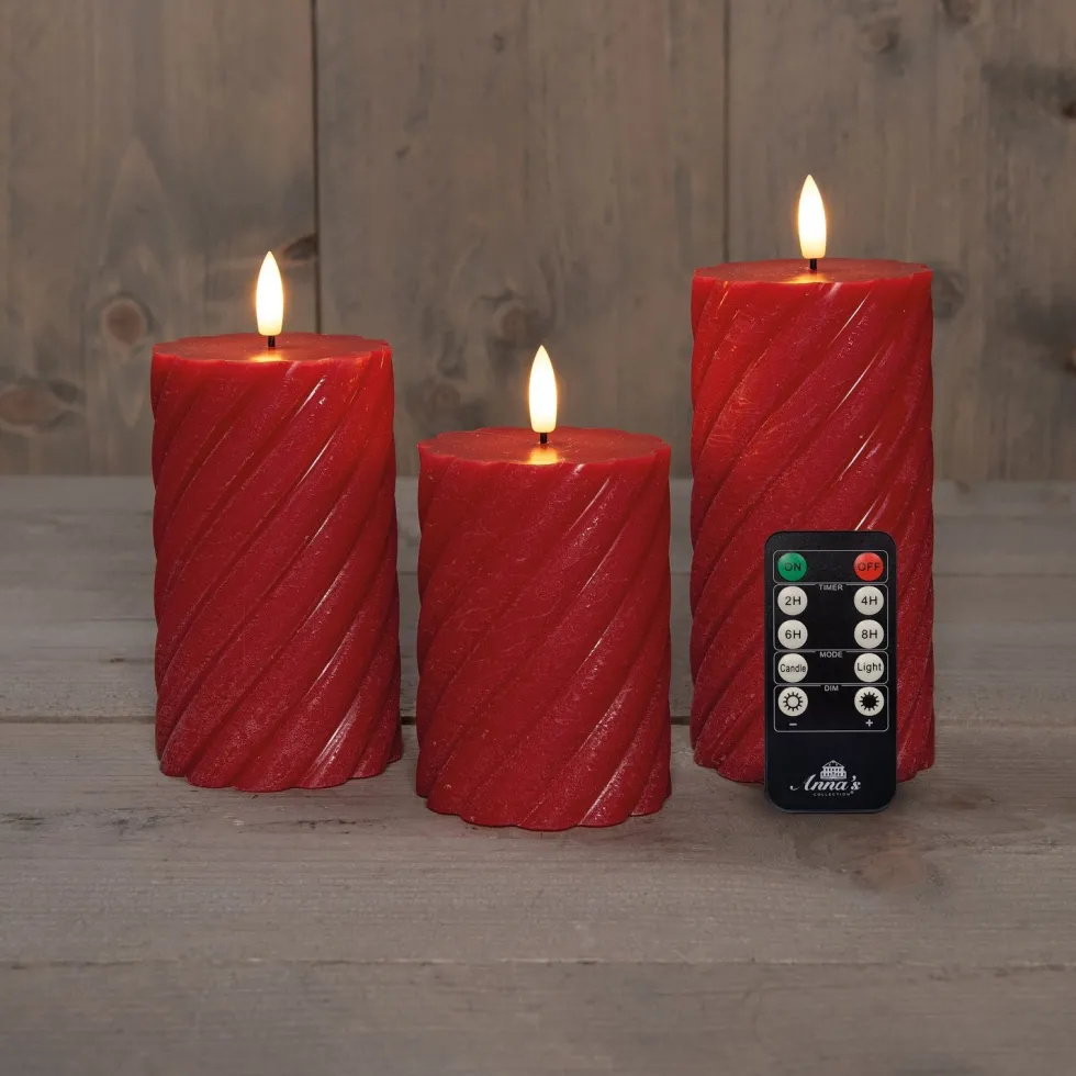 Anna's Collection LED stompkaars Swirl met timer rood D 7,5 H 10 / 12,5 / 15 cm 3 stuks