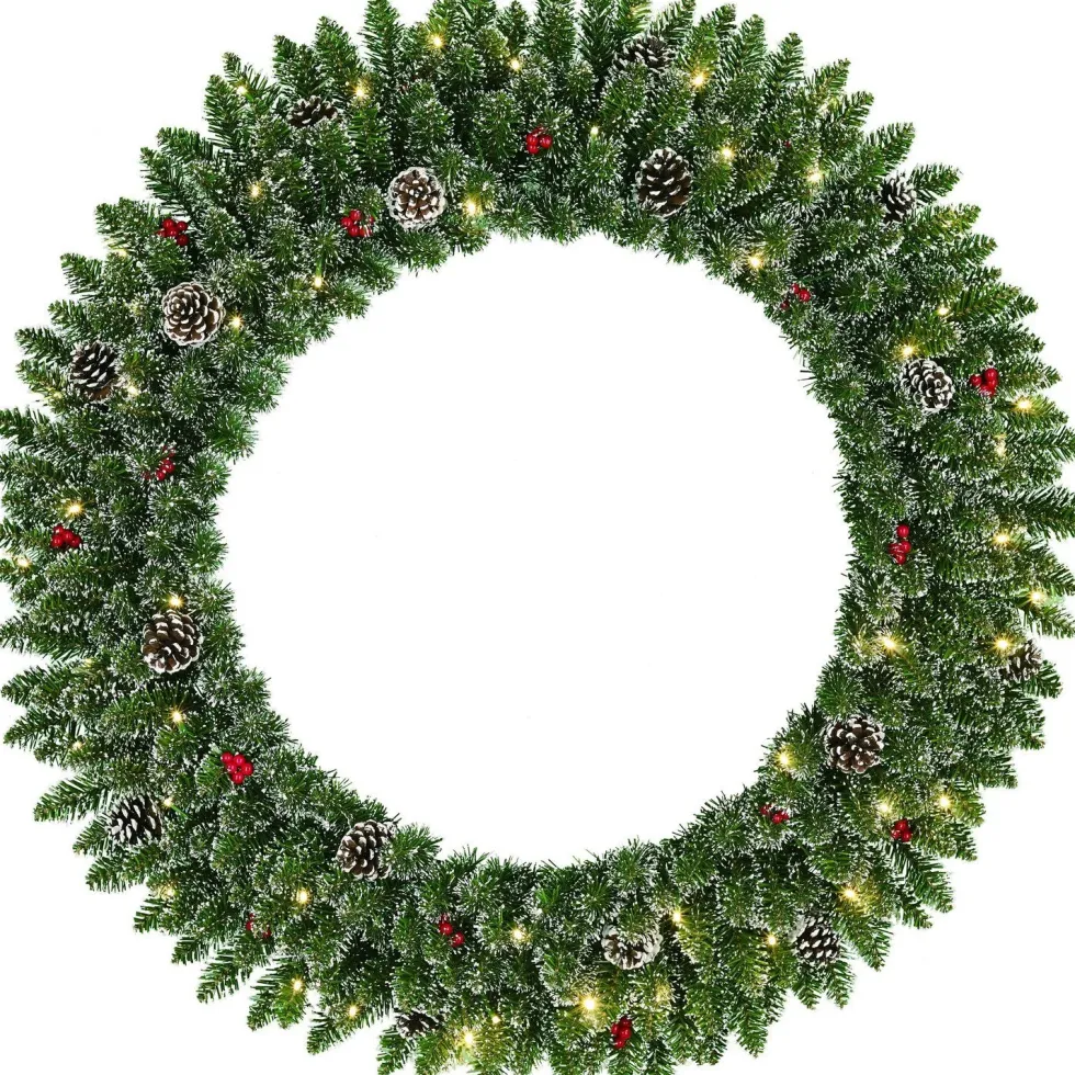 Black Box kerstkrans Creston dennenappel met 30 lampjes warm wit D 90 H 18 cm