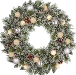 Black Box kerstkrans Kaprun besneeuwd kerstballen zilver met 15 lampjes warm wit D 60 H 13 cm