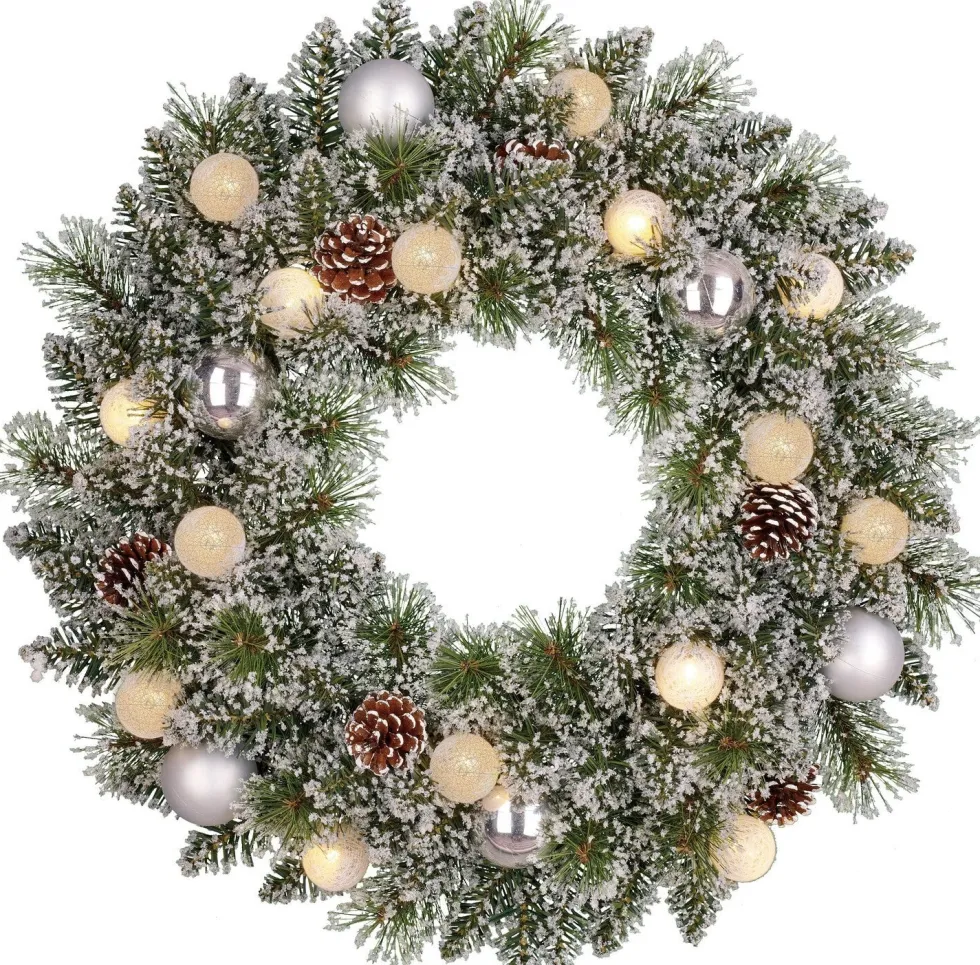 Black Box kerstkrans Kaprun besneeuwd kerstballen zilver met 15 lampjes warm wit D 60 H 13 cm