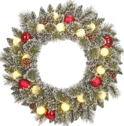 Black Box kerstkrans Kaprun besneeuwd bollen rood met 15 lampjes warm wit D 60 H 13 cm
