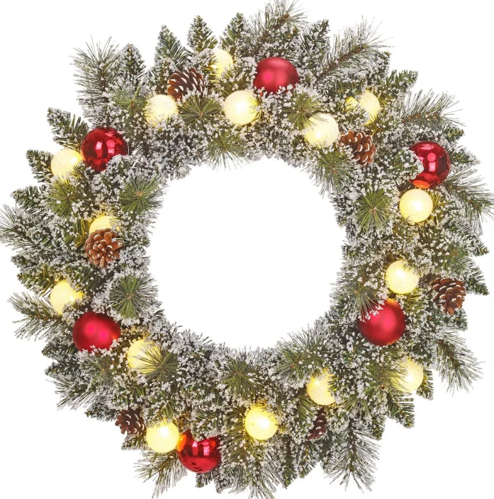 Black Box kerstkrans Kaprun besneeuwd bollen rood met 15 lampjes warm wit D 60 H 13 cm