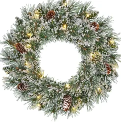 Black Box kerstkrans Vandans besneeuwd met 20 lampjes warm wit D 45 H 15 cm
