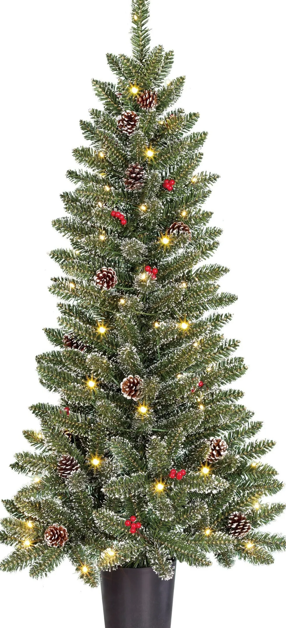 Black Box kunstkerstboom Creston besneeuwd dennenappels in pot met 60 lampjes warm wit D 60 H 120 cm