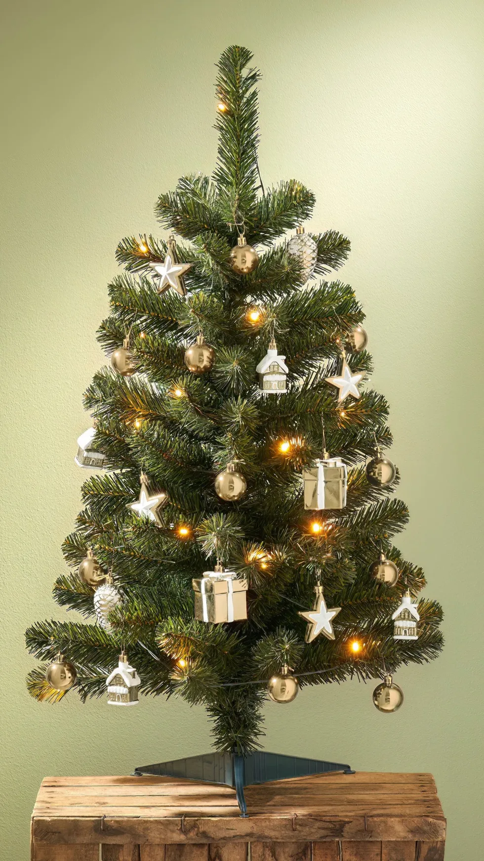 Black Box kunstkerstboom Joy versiering goud met 30 lampjes warm wit D 50 H 90 cm