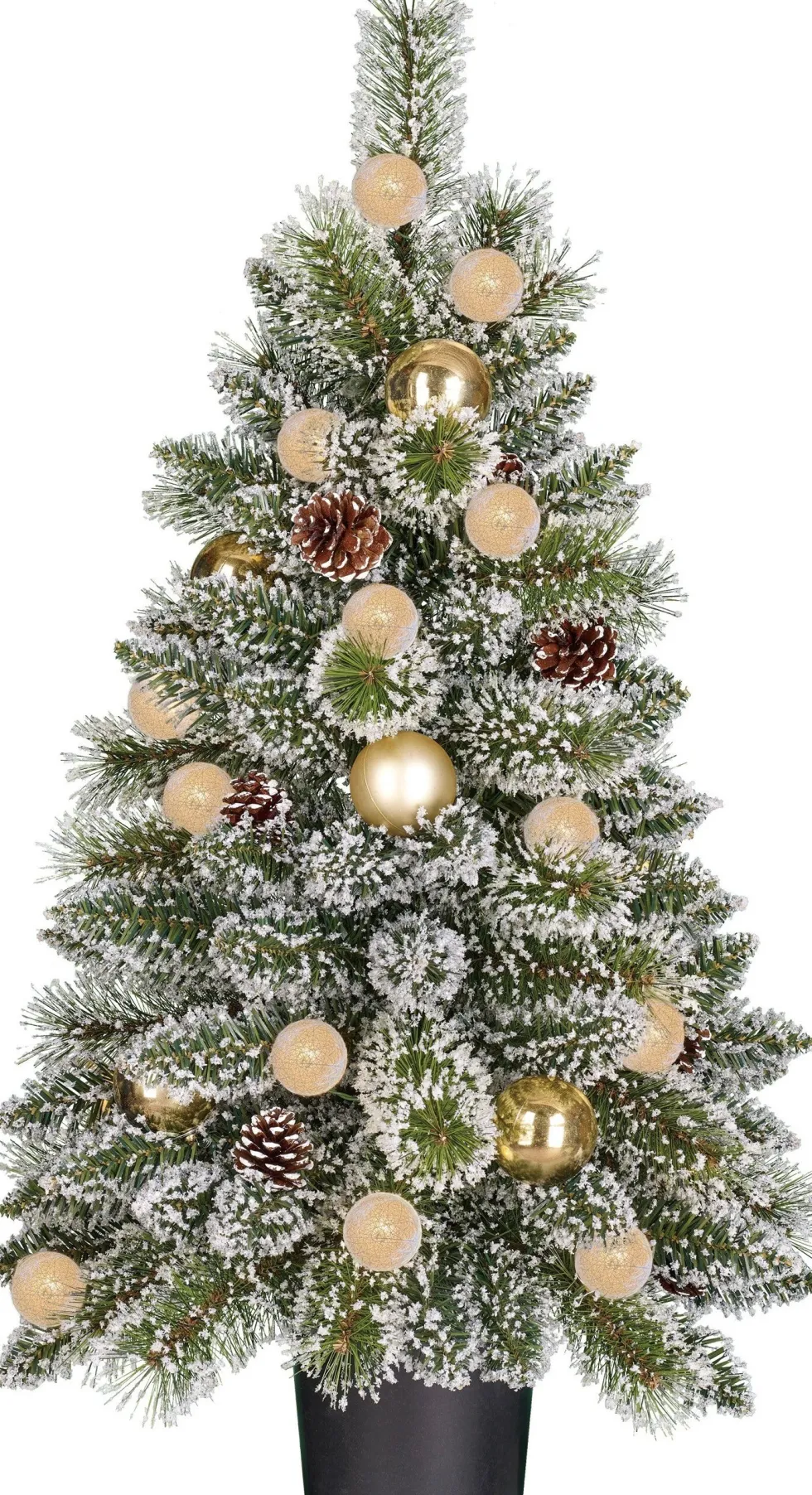 Black Box kunstkerstboom Kaprun besneeuwd goud kerstballen in pot met 20 lampjes warm wit D 51 H 90 cm