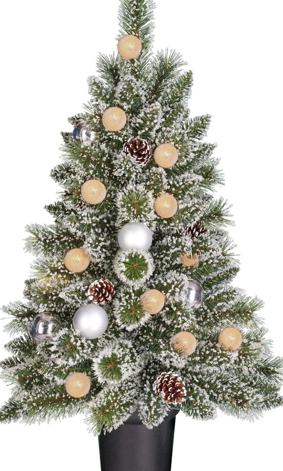 Black Box kunstkerstboom Kaprun besneeuwd zilver kerstballen in pot met 20 lampjes warm wit D 51 H 90 cm