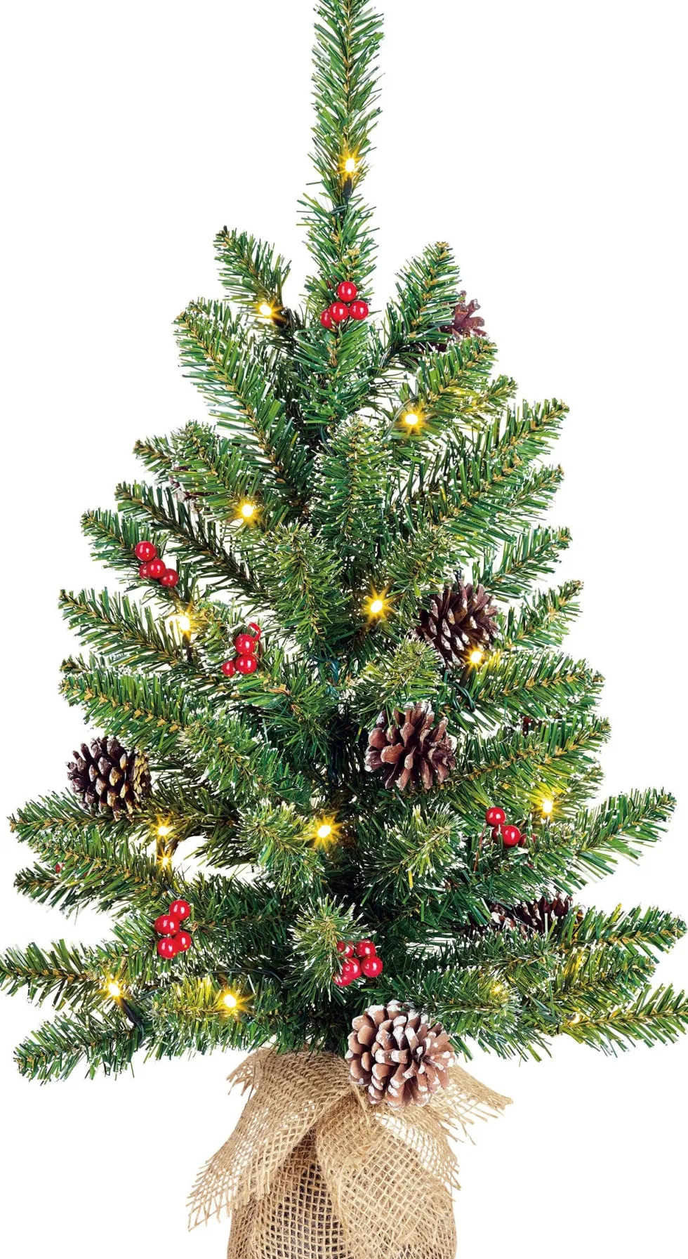 Black Box mini kunstkerstboom Creston met versiering met 20 lampjes warm wit op jute voet D 41 H 60 cm
