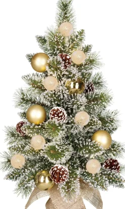 Black Box mini kunstkerstboom Kaprun besneeuwd goud kerstballen op jute voet met 10 lampjes warm wit D 39 H 60 cm