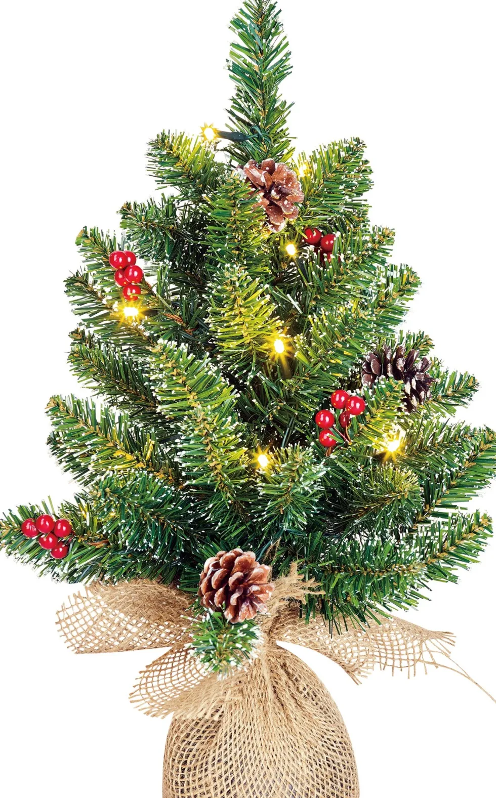 Black Box mini kunstkerstboom Creston met versiering met 15 lampjes warm wit op jute voet D 35 H 45