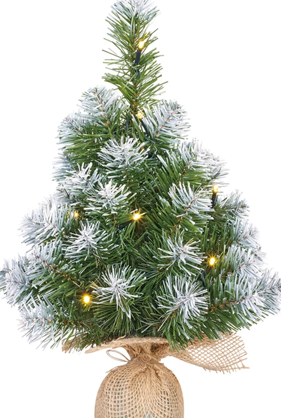 Black Box mini kunstkerstboom Norton besneeuwd op jute voet met 10 lampjes warm wit D 28 H 45 cm