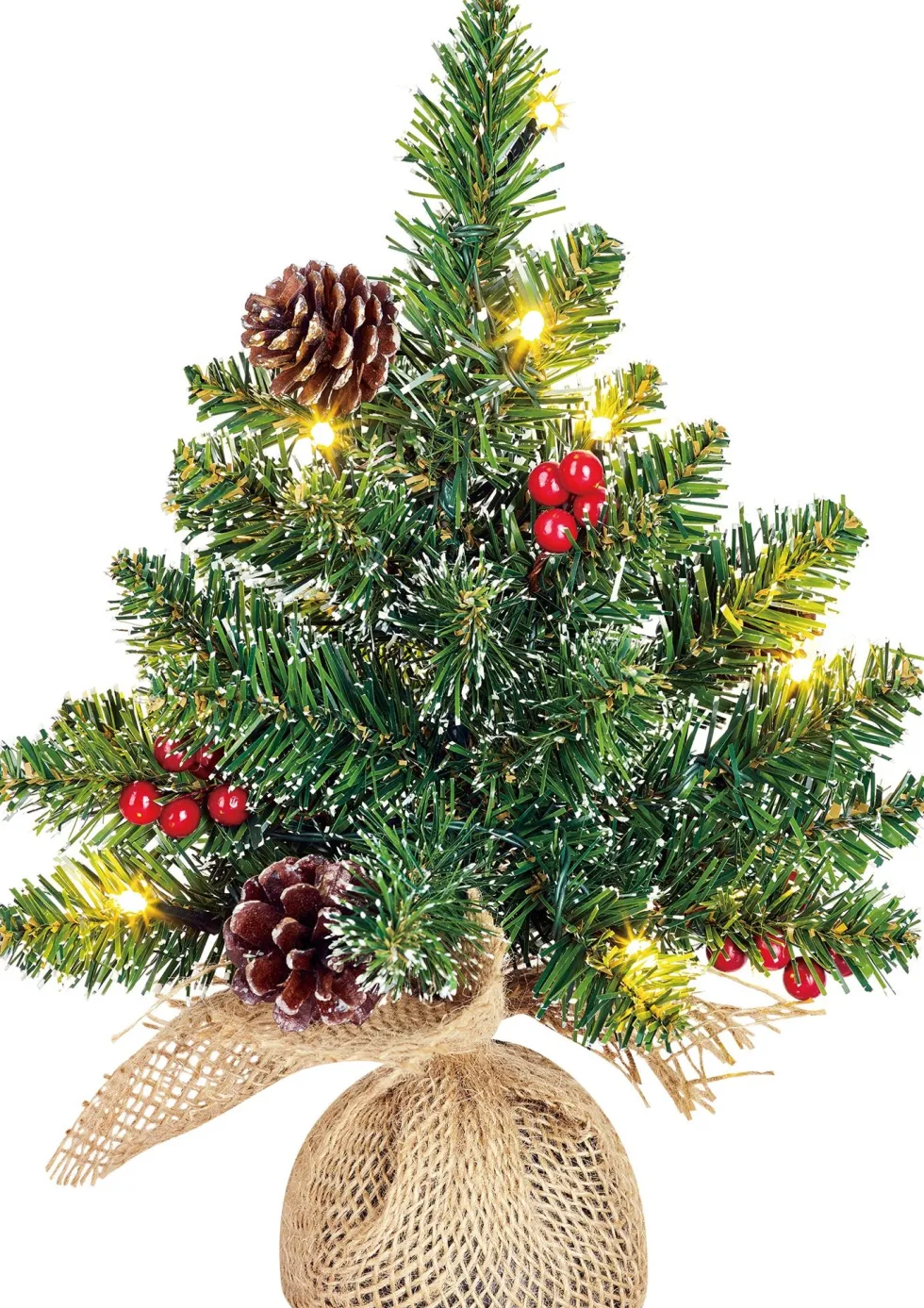 Black Box mini kunstkerstboom Creston met versiering met 10 lampjes warm wit op jute voet D 24 H 35 cm