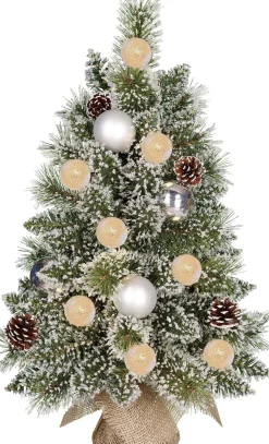 Black Box mini kunstkerstboom Kaprun besneeuwd zilver kerstballen op jute voet met 10 lampjes warm wit D 39 H 60 cm