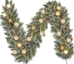 Black Box Trees guirlande Kaprun besneeuwd kerstballen goud met 15 lampjes warm wit 180 cm