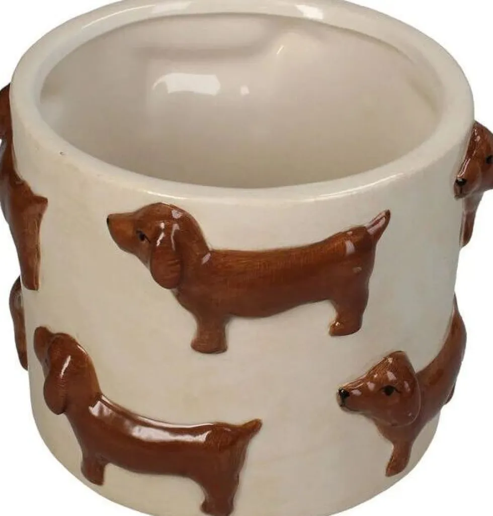 Bloempot Teckel crème / bruin 13,8 x 13,8 x 11 cm
