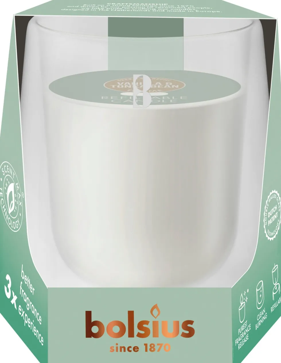 Bolsius geurkaars CleanLight starterkit Vanilla & Tonkabean wit 24 uur D 9,1 H 8,3 cm