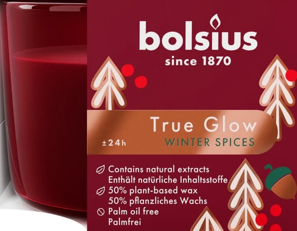Bolsius geurkaars True Glow Winter Spices rood 24 uur 9,2 x 9,4 x 6,6 cm