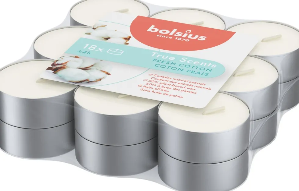 Bolsius geurkaars True Scents Fresh Cotton wit 4 uur 18 stuks