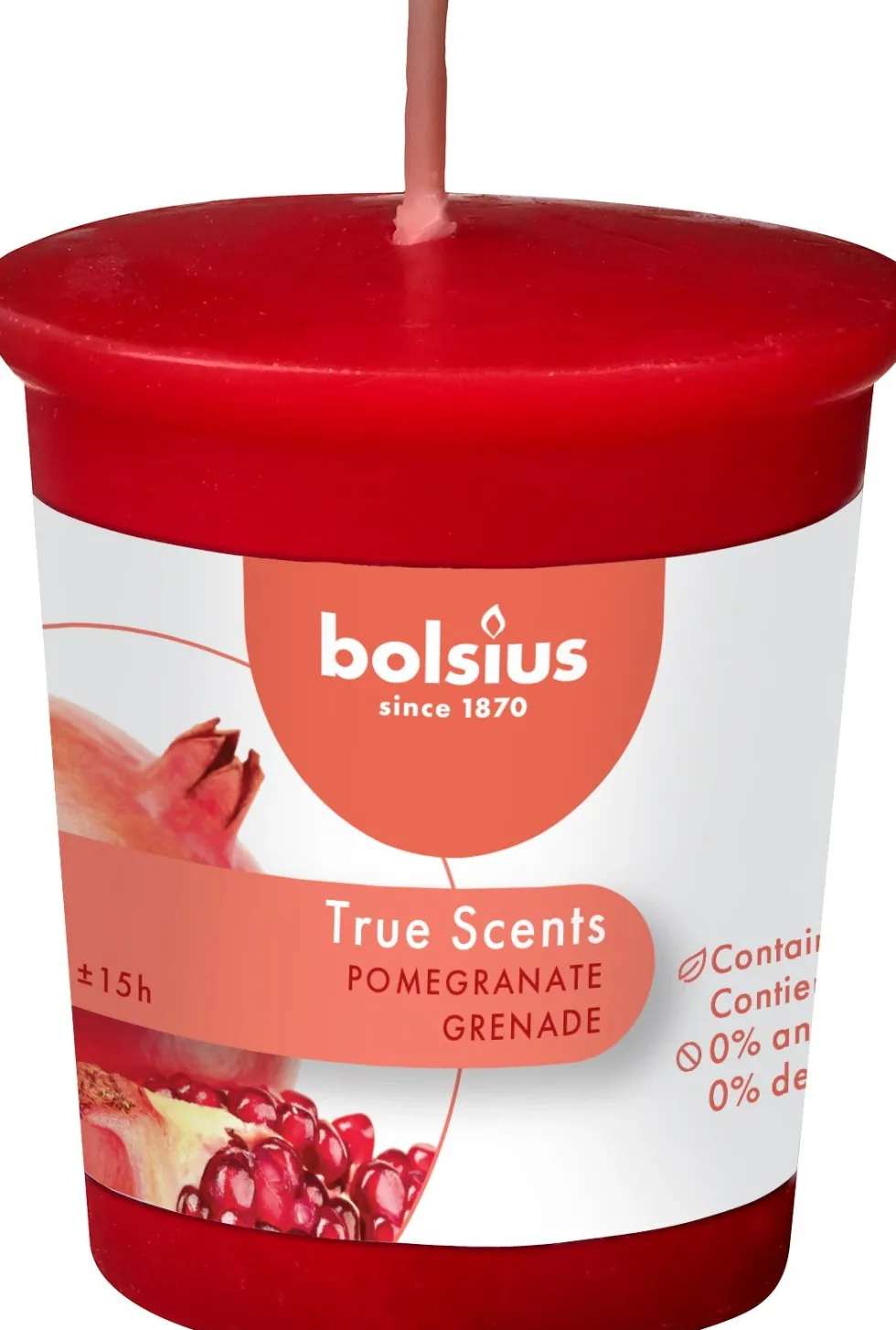 Bolsius geurkaars True Scents Pomegranate rood 15 uur D 4,5 H 5,3 cm