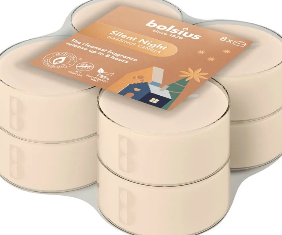 Bolsius geurtheelicht True Glow Silent Night beige 8 uur D 5,5 H 2 cm 8 stuks