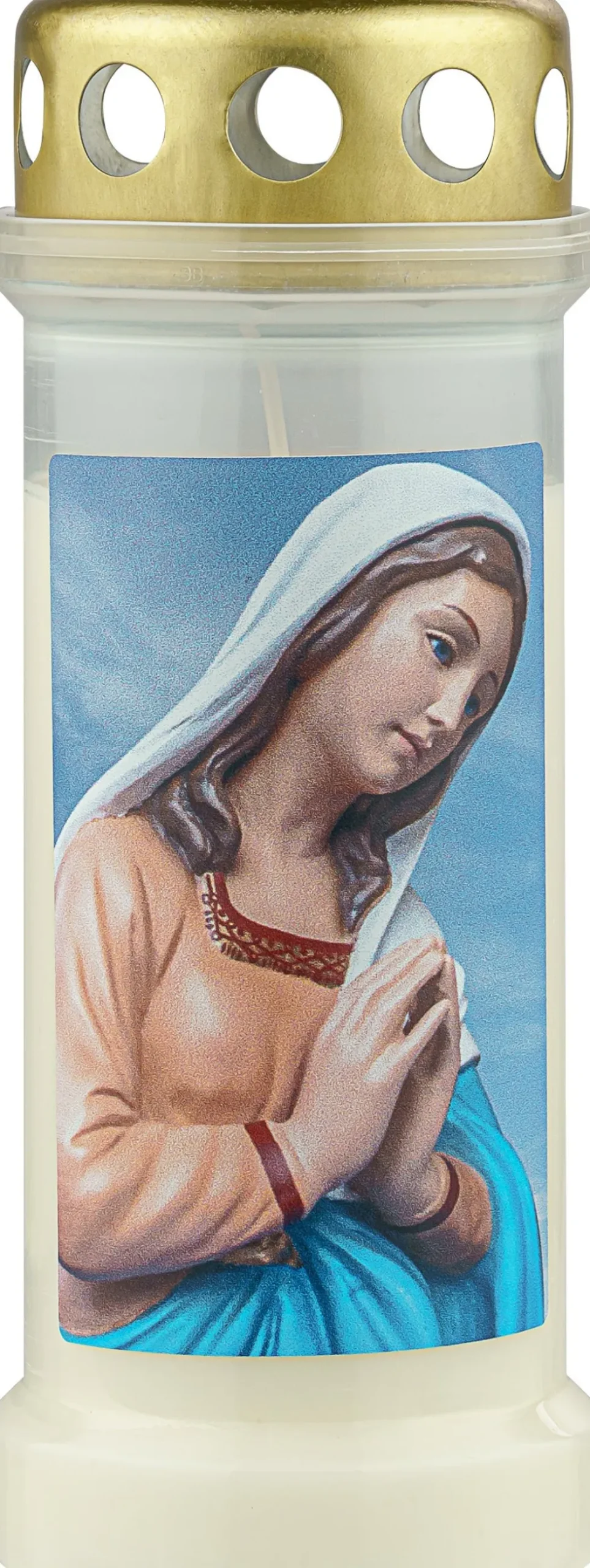 Bolsius herdenkingslicht Maria goud / wit / blauw 70 uur D 6,7 H 17,3 cm
