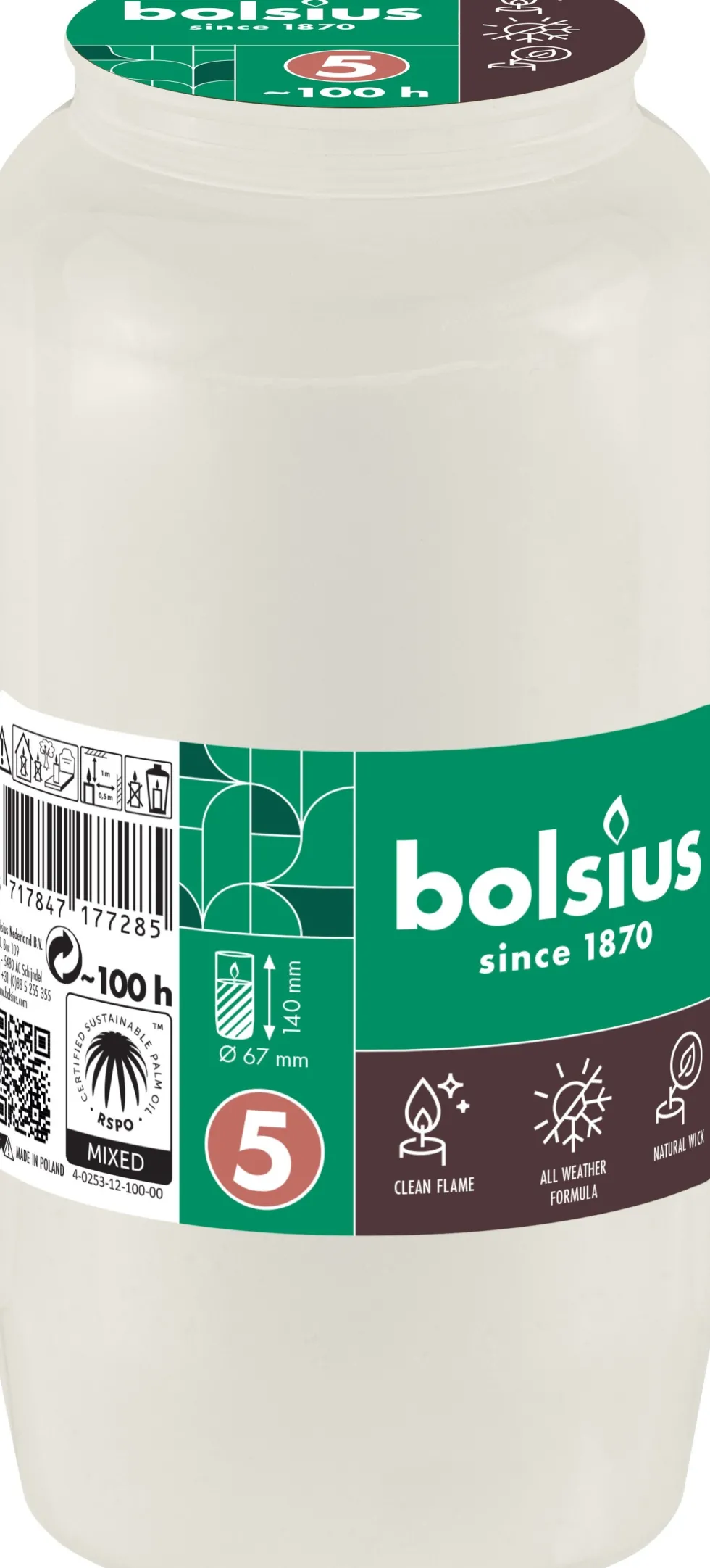 Bolsius herdenkingslicht nr 5 wit 100 uur D 6,7 H 14,1 cm