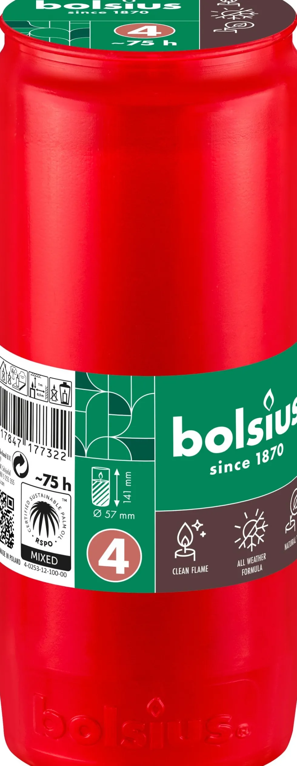 Bolsius herdenkingslicht rood 75 uur D 5,7 H 14 cm