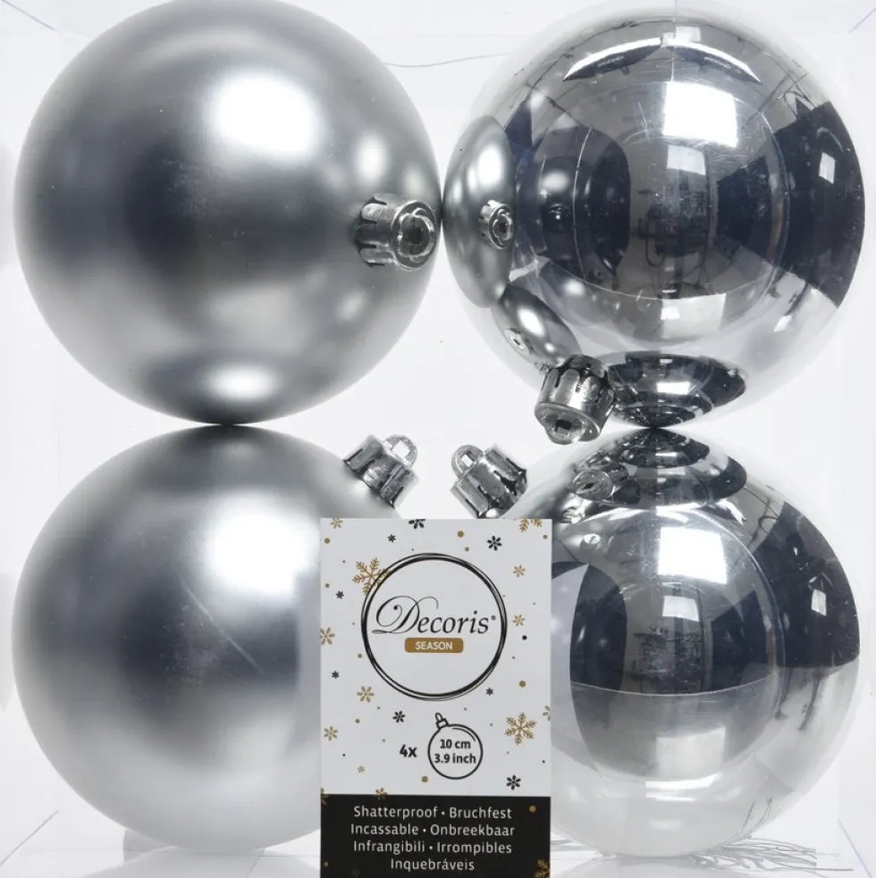 Decoris kerstbal zilver D 10 cm 4 stuks