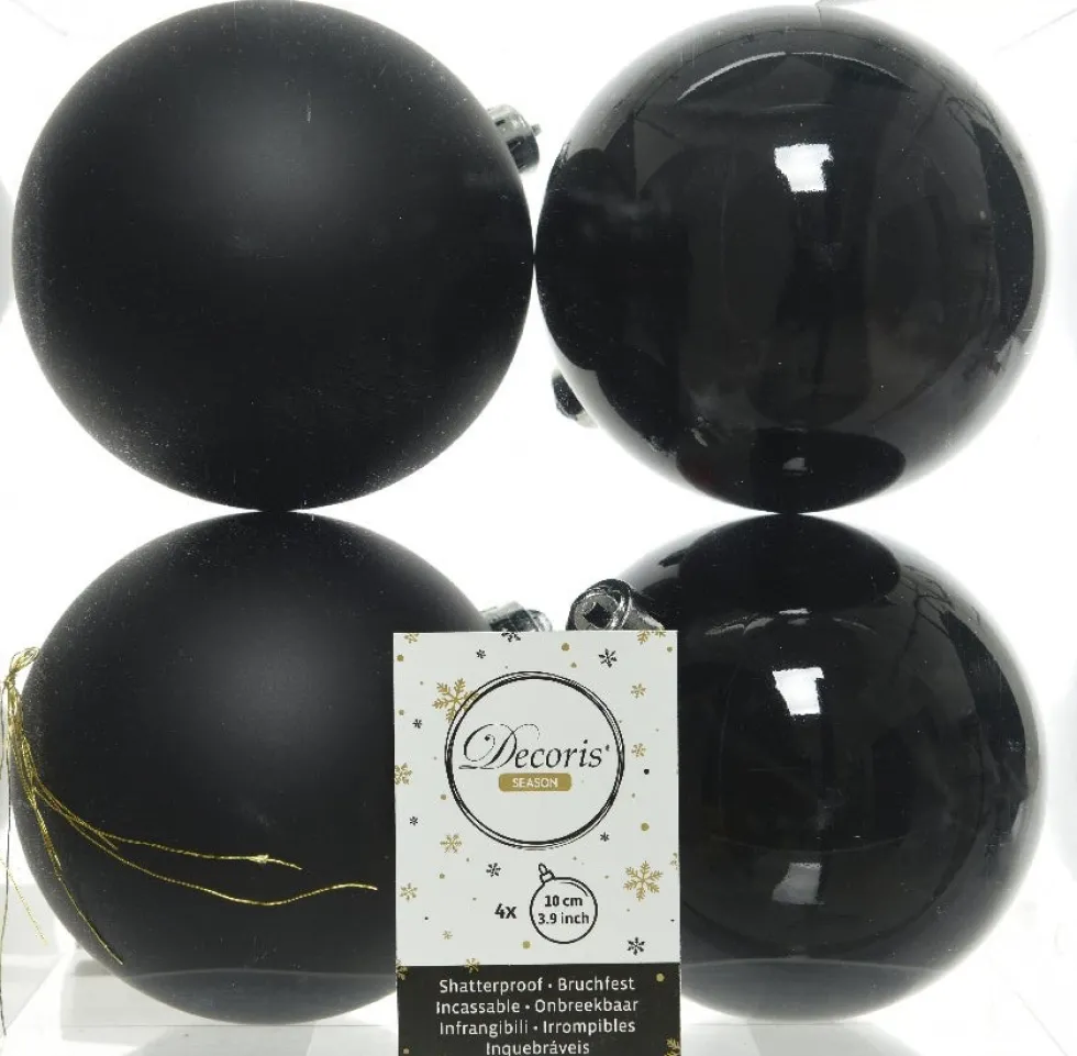 Decoris kerstbal zwart D 10 cm 4 stuks