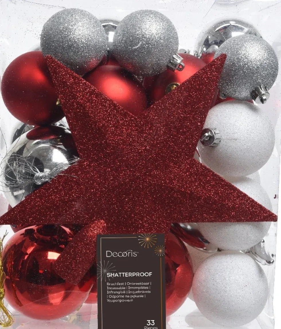 Decoris kerstboomdecoratie Marilene rood / wit D 8 cm 33-delig