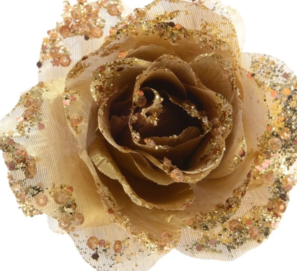 Decoris kerstclip roos met glitters D 14 cm goud