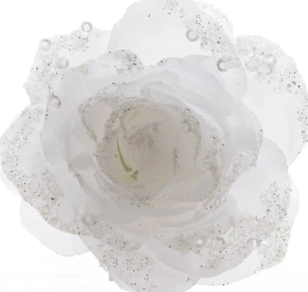 Decoris kerstclip roos met glitters D 14 cm wit