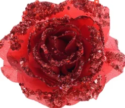 Decoris kerstclip roos met glitters D 14 cm rood