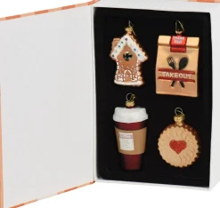 Decoris kerst ornament box boek koffie 5,2 x 2,4 x 7,9 cm 4 stuks