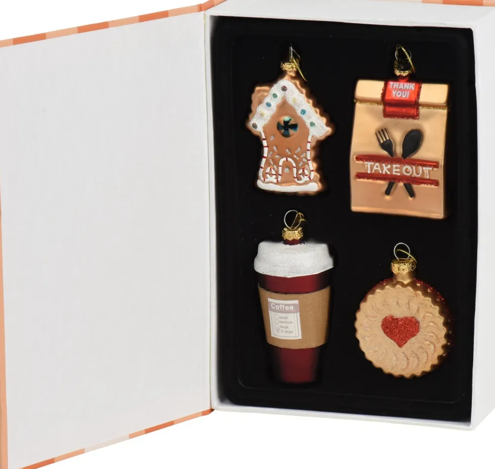 Decoris kerst ornament box boek koffie 5,2 x 2,4 x 7,9 cm 4 stuks